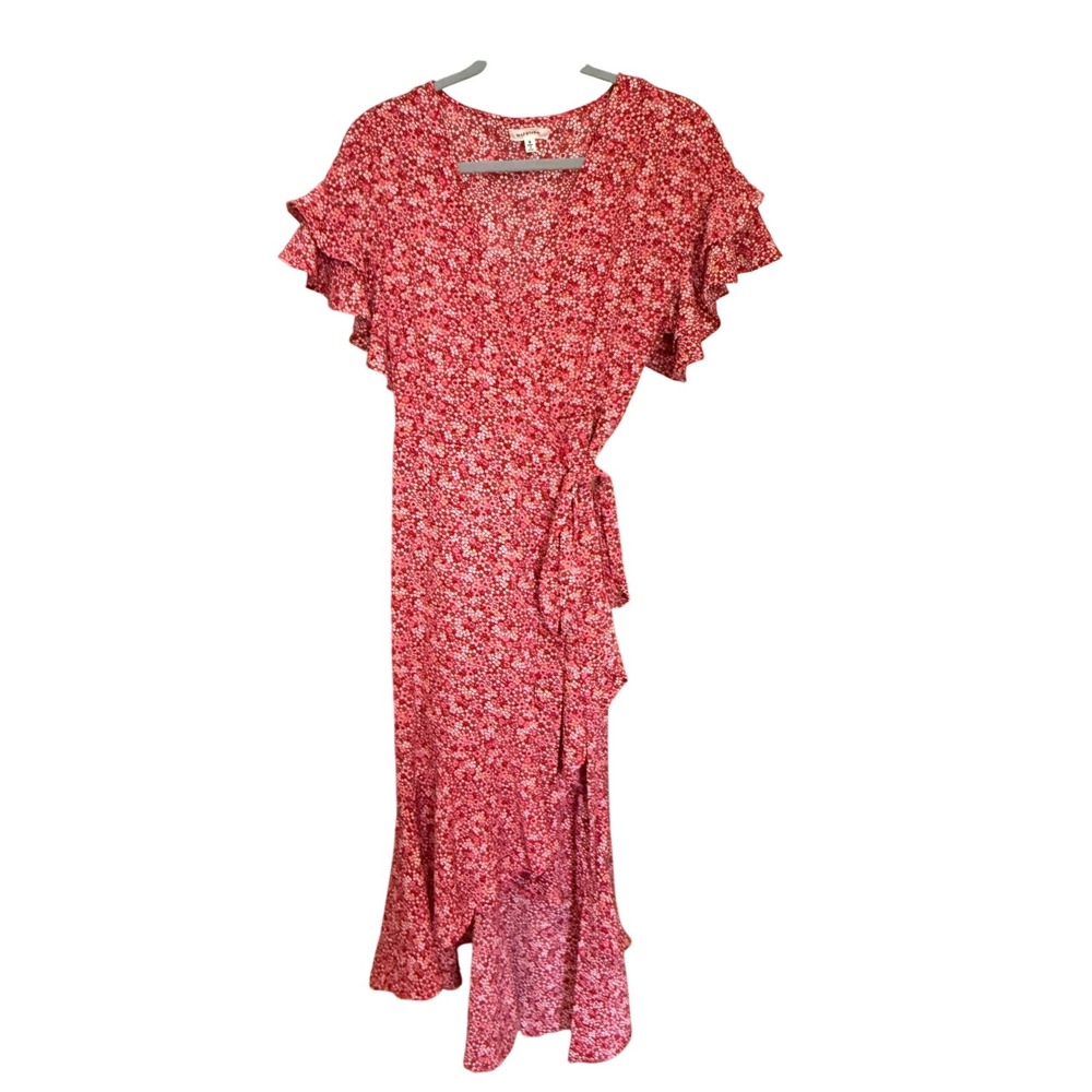 Max‎ Studio Wrap Dress Ditsy Floral Midi M Red Excellent Ruffle Sleeve 8907C58